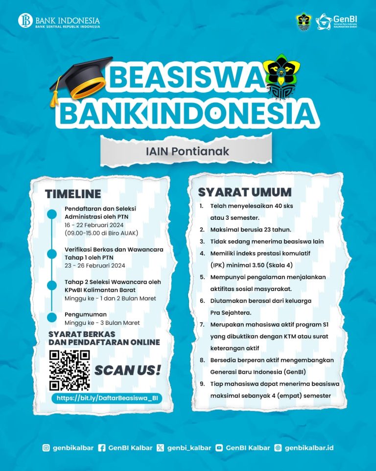 Pendaftaran Beasiswa Bank Indonesia 2024 untuk Mahasiswa IAIN Pontianak Resmi Dimulai